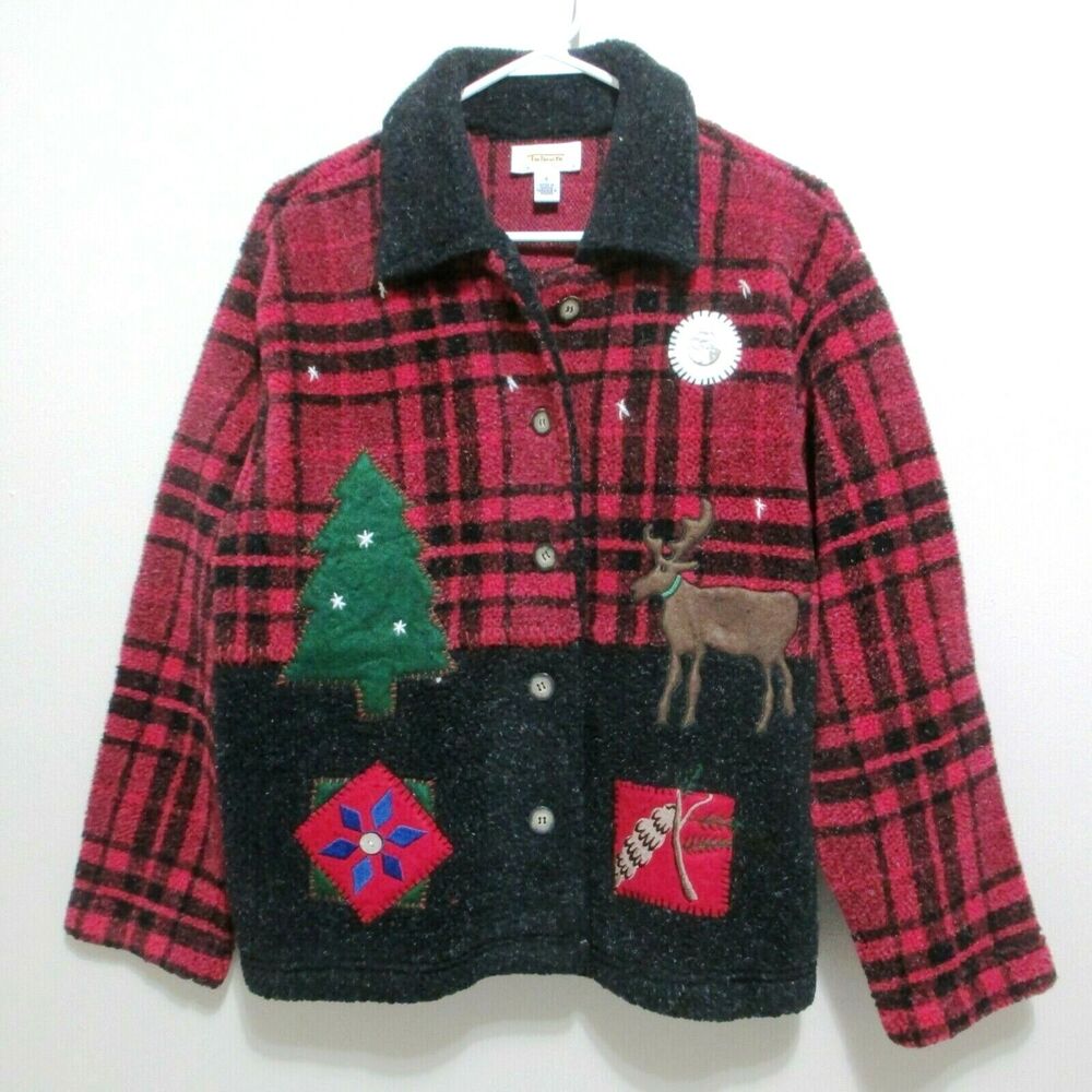 Vintage Talbots Women Christmas Cardigan Jacket Red Black Plaid Plush Sz Small